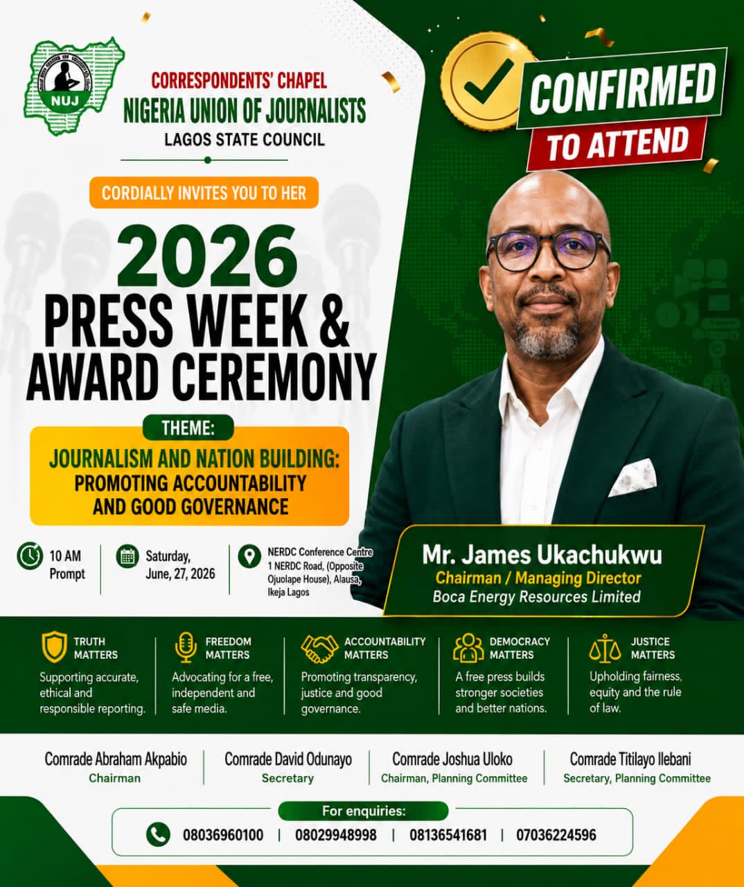 James Ukachukwu BOCA Energy CEO to Lead Discussions at NUJ Lagos Correspondents’ Chapel Press Week for 2026